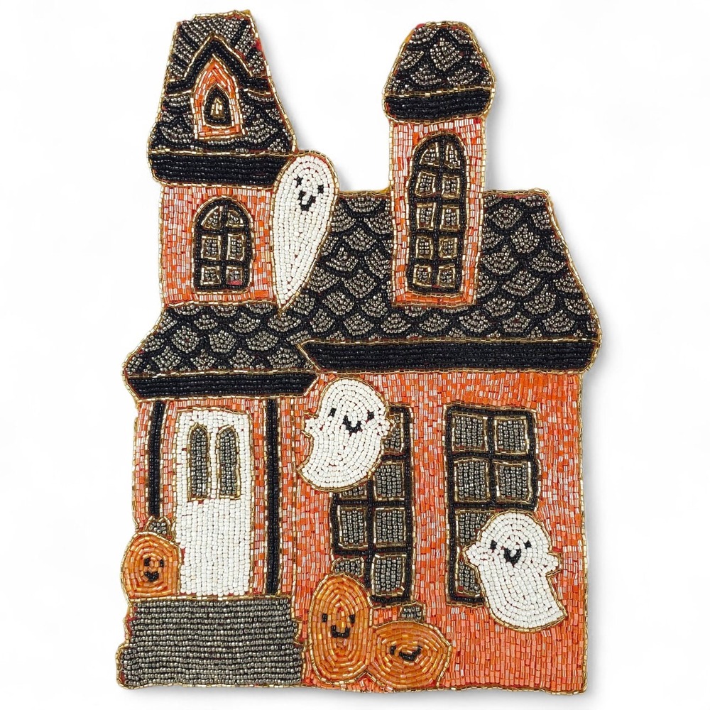 Rachel Zoe Halloween Beaded Charger Placemat Haunted House Ghosts Pumpkin 15"